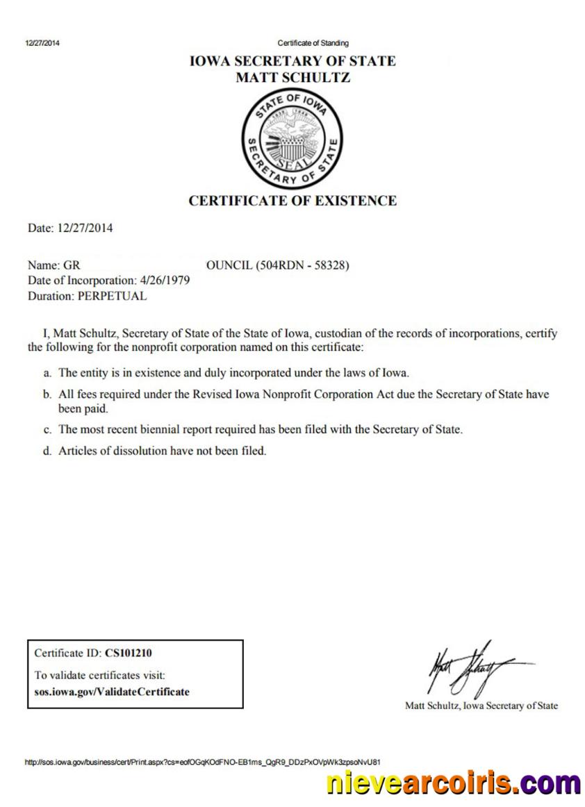 USA Iowa certificate of good standing